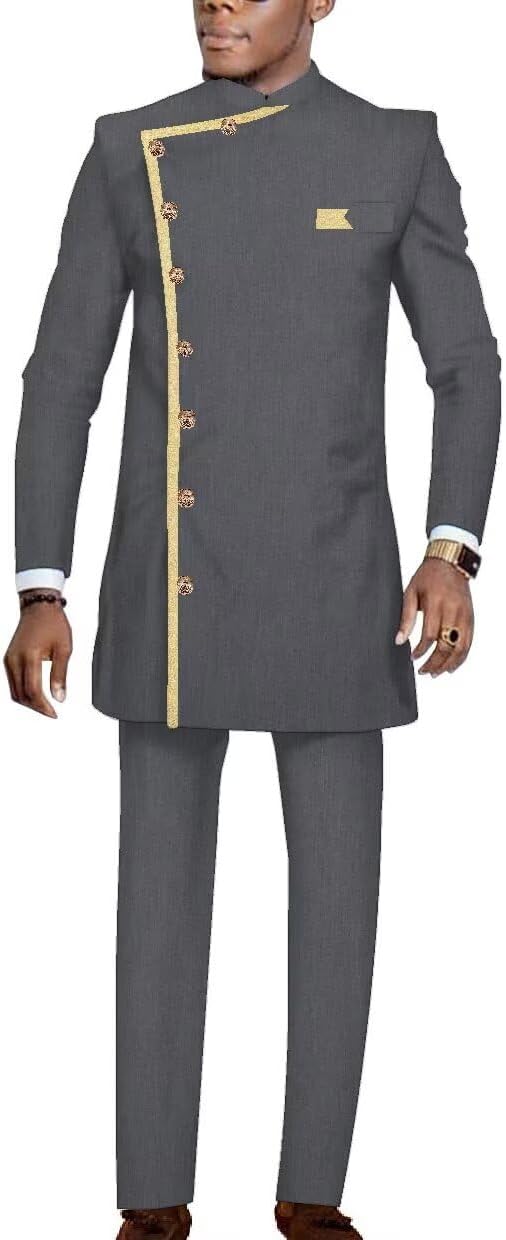 African Dashiki Suits for Men Wedding Formal Outfits Long Sleeve African Mens Attire 2 Piece Office Wear Slim Fits