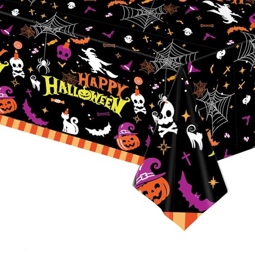 Halloween Decorations Table Cloth, Happy Halloween Tablecloth Skull Bats Spider Web Pumpkin Pattern Black Tablecloth Disposable Plastic Table Covers Halloween Party Decorations Supplies, 137 * 274cm