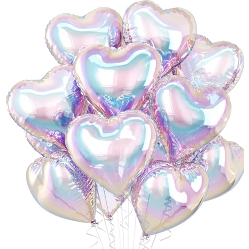 Image of Iridescent Heart Balloons, 10 Pcs Transparent Rainbow Heart Shaped Balloon, 18 Inch Gradient Clear Foil Balloons for Engagement Brithday Baby Shower Wedding Valentines Mermaid Party Decorations