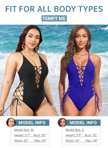 Image of Tempt Me Women Sexy Lace Up One Piece Swimsuit Deep Plunge V Neck High Cut Bathing Suits