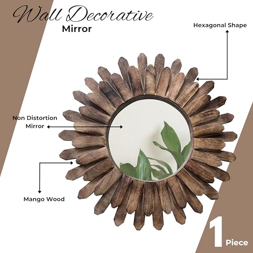 14-inch Rustic Round Wood Mirror, Decorative Boho Sunburst Mirror for Bedroom, Living Room, Entryway - Burnt - Image 4