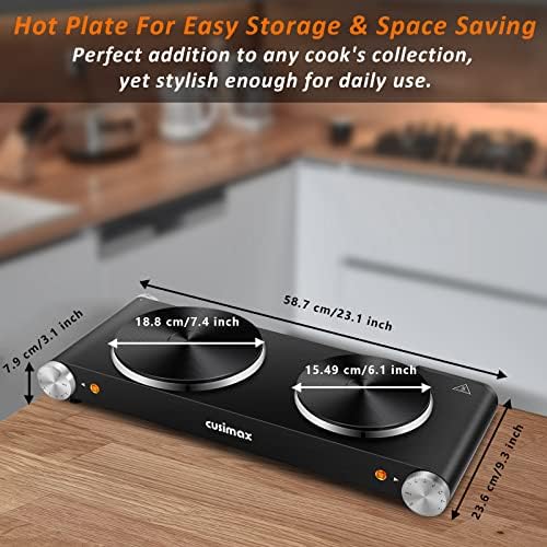 CUSIMAX Electric Hot Plate, Portable Hob Two Ring Electric Hob, 1500W + 1000W Cast Iron Double Burner Hot Plates for Cooking, Compatible for All Cookwares, Stainless Steel, Black