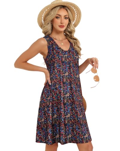 Image of Womens Summer Dresses Casual V Neck Sleeveless Pockets Beach Loose Sundress | 2026 Loose Tank Sun dres with pockets, Casual Beach Cover Up, Fashion Vacation Outfits, Tshirt Floral Boho A-Line Flow Dress