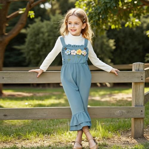Kids Girls Outfit, Long Sleeve Crew Neck T-shirt with Flower Overalls and Hat Fall Outfit2