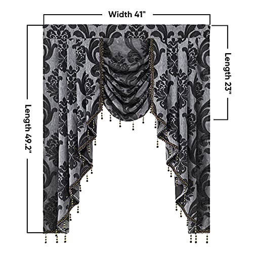 NAPEARL Black Valance for Windows-Waterfall Window Valances for Living Room, Decorative Kitchen Window Valance with Beads, Luxury Swag Valances for Windows (41-Inch Wide, 1 Panel)