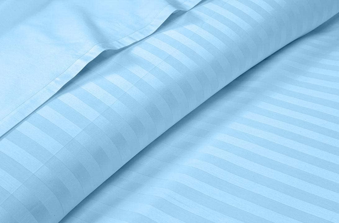 4 Pieces Sheet Set, 100% Cotton, 1000 Thread Count, 1 Pc Flat Sheet, 1 Pc Fitted Sheet with 12 inch Deep Pocket & 2 Pc Pillowcases-Light Blue Stripe-Twin XL Size