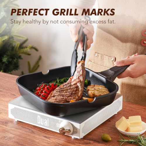 Image of SENSARTE Nonstick Grill Pan for Stove Tops, Versatile Griddle Pan with Pour Spouts, Square Grill Pan for Big Cooking Surface, Durable Grill Skillet for Indoor & Outdoor Grilling. PFOA Free, 11 Inch
