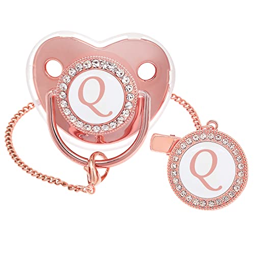 Image of Bling Personalized Pink Baby Pacifier with Pacifier Clips and Anti-dust Cover A-Z 26 Letters(Pink,Q)