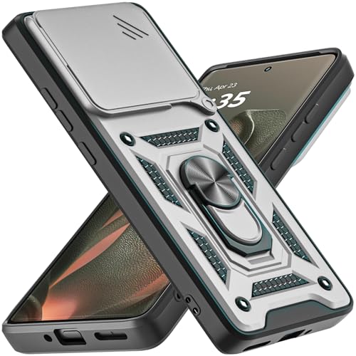 AKINIK for Motorola Moto Edge 2025 Case, with Slide Camera Cover, 360°Rotation Ring Kickstand [Military Grade] Case (Silver)
