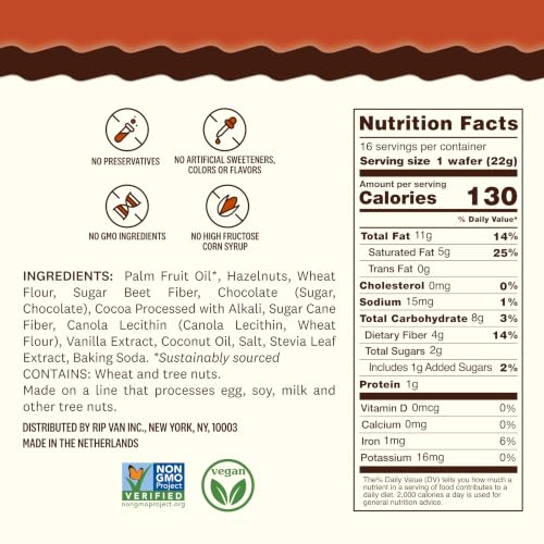 Image of Rip Van Chocolate Hazelnut Wafer Cookies, Keto, Non-GMO, Healthy Snacks, Low Carb & Low Sugar (2g), Low Calorie, Vegan, 16 Count