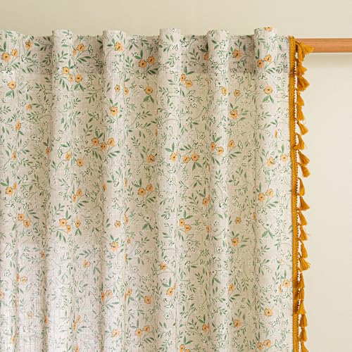 Image of MYSKY HOME Floral Boho Linen Curtains 63 Inch Long 2 Panels Set with Yellow Tassels Farmhouse Semi Sheer Bohemian Living Room Bedroom Window Curtains Rustic Country Back Tab, 50 inchW, Green Leaf Pattern