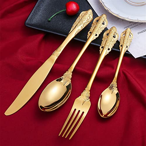 Dinner Spoon 4 Pieces 410 Stainless Steel Spoon Western Food Tableware Set Steak Knife Fork Dessert Spoon Long-Handled Spoon (Color : 1) (Brass)4