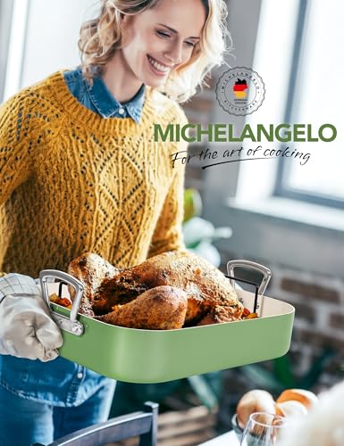 MICHELANGELO Roasting Pan with Rack, Non Stick Ceramic Roasting Pan for Oven and Induction, Turkey Roaster Pan with Stainless Steel Rack, 15 Inch x 13 Inch (38cm x 33cm x 7.6cm) - Green - Image 2