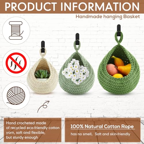 Image of Honeydak 3 Hanging Baskets, Sage Green, Green, White, Teardrop, Cotton Rope