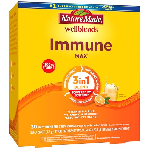 Nature Made Wellblends ImmuneMAX Fizzy Drink Mix Vitamin C 2000mg with Zinc 20 mg Vitamin D3 1000 IU (25 mcg) plus Seven B Vitamins and Electrolyte Hydration Blend 30 Stick Packs