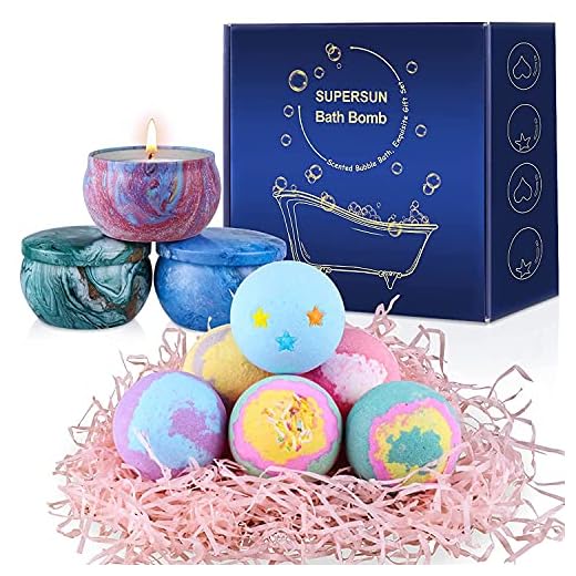 Bath Bombs for Women Mothers Day Birthday Gift Set: 6 Handmade Organic Bubble Bathbombs with 3 Scented Candles, Bath Set Gifts for Women Her Mom Kids Present