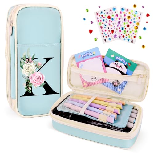 Image of Preppy Pencil Case for Girls, Cute Large Pencil Pouch, Personalized Initial Pencil Bag with Zipper for School College Office Supplies, Back to School Supplies Gifts for Teen Girls (K, Blue)
