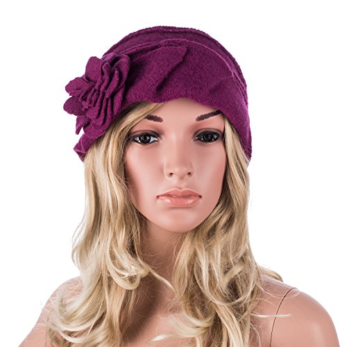 Lawliet Solid Color 1920S Womens 100% Wool Flower Winter Bucket Cap Beret Hat A376 (Dark Purple) #TOP3