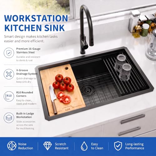 Image of LQS Black Undermount Kitchen Sink, 32 Inch Undermount Kitchen Workstation Sink with X-Shaped Drain Line, 10 Inch Deep Single Bowl Black Kitchen Sinks For Modern Kitchen