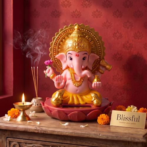Image of Blissful Solar Moving Lord Ganesha Idol Statue Ganpati Murti for Car GoodLuck Office Home Decorative Showpiece - 11 cm (Plastic, Crystal, Gold, Yellow)