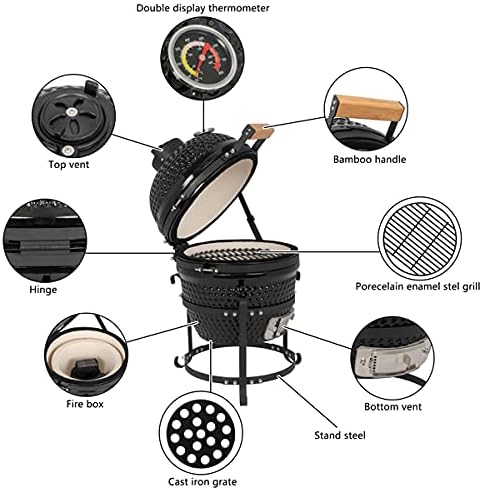 13-Inch Ceramic Charcoal Grill – Modern Style BBQ Smoker with Superior Heat Retention, Portable Egg-Shaped Outdoor Grill for Camping, Patio & Backyard Cooking – Black