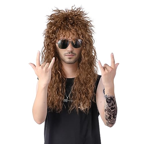 Brown Long curly wigs 80s Wig for Men 70s Rocker Costume Wig Halloween Mullet Cosplay Wig