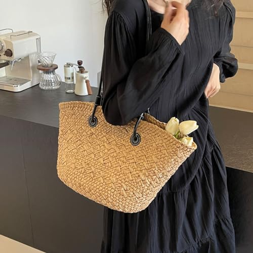 Khaki Stylish Woven Beach Bag, Straw Shoulder Bag, Large Capacity for Outdoor Shopping 5