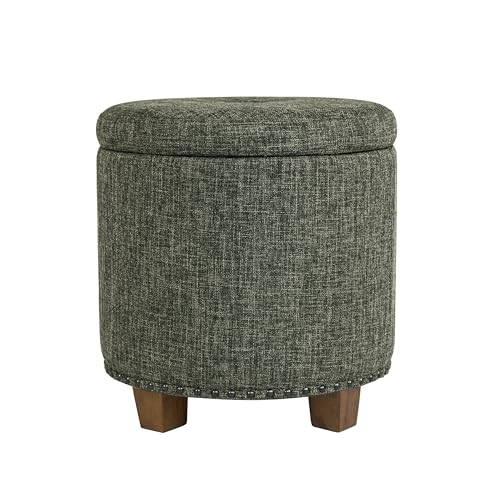 Image of HomePop 18.5 inch Round Storage Ottoman with Nailheads - Green Clover Fabric