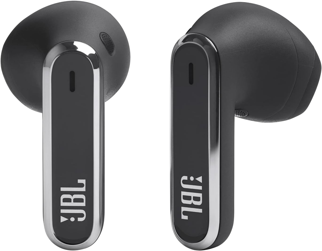 JBL Live Flex earbuds inside their charging case, with charging indicator lights visible.