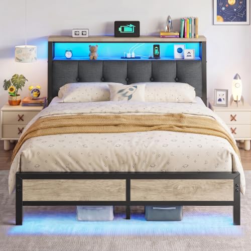 Image of Homkdom Full Bed Frame with Upholstered Headboard & Charging Station