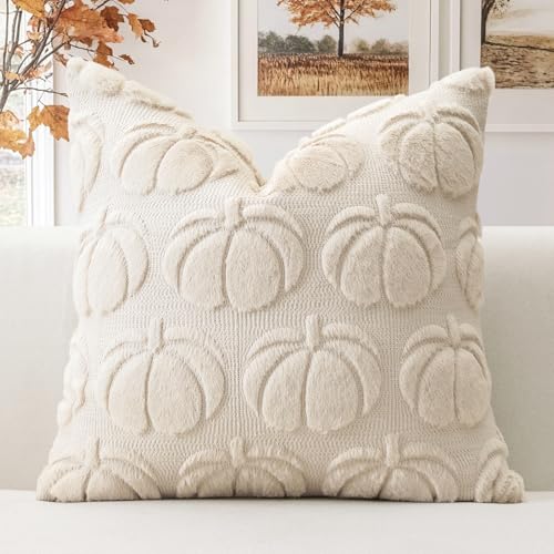 Artscope 1er Set Wolle Kürbis Kissenbezug Weicher Plüsch Kurzer Wollsamt Dekokissenbezüge Herbst Kissenhülle Sofakissen Herbstdeko für Sofa Schlafzimmer Halloween Creme Beige 50x50cm