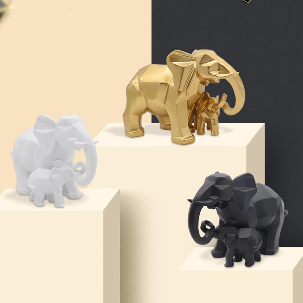 MAGICLULU Decoración de Resina Figura de Elefante Dorada y Diseño Geométrico, Escultura Madre E Hijo para Escritorio, Hogar, Oficina y Jardín, Obsequio para Familiares y Amigos
