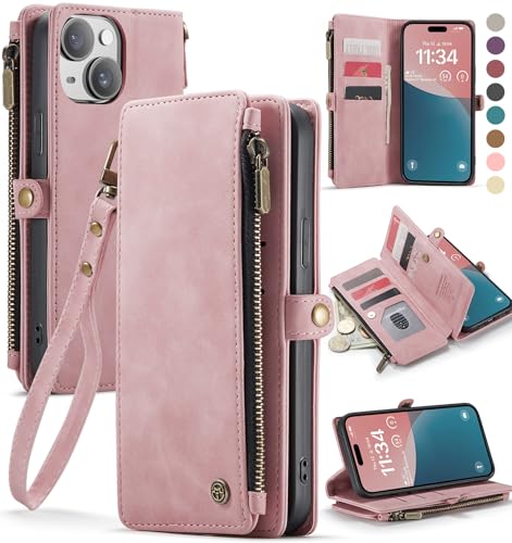 Defencase Compatible with iPhone 15 Plus Case Wallet with RFID Blocking Card Holder for Women Men PU Leather Magnetic Snap Flip Zipper Strap Wallet Phone Case Fit for iPhone 15 Plus 6.7 Rose Pink