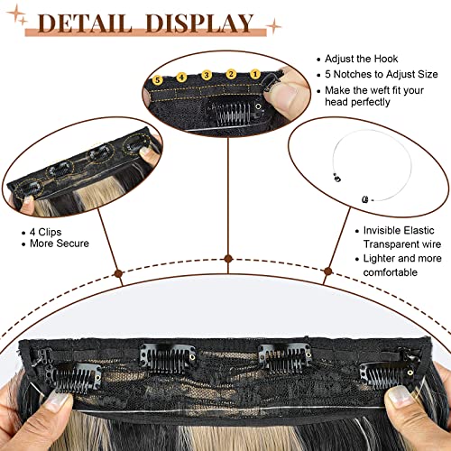 Vigorous Black Mixed Blonde Invisible Wire Hair Extensions With Transparent Headband Adjustable Size 4 Secure Clips Long Wavy Synthetic Wire Hairpiece For Women(20Inch, Black Mixed Blonde) #TOP1