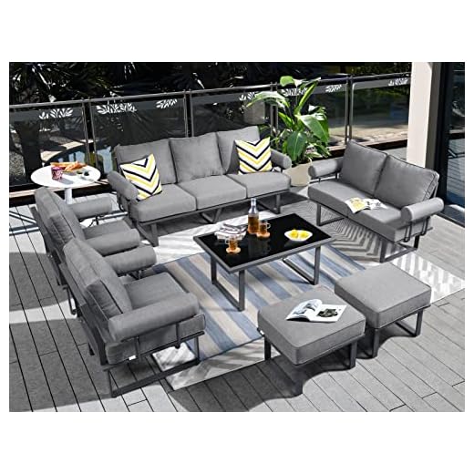ovios Aluminum Patio Furniture Set 7 PCS All-Weather Outdoor Conversation Set Modern Metal High Back Aluminum Patio Sofa with Table and Thick Cushions (Black-Pure Grey)