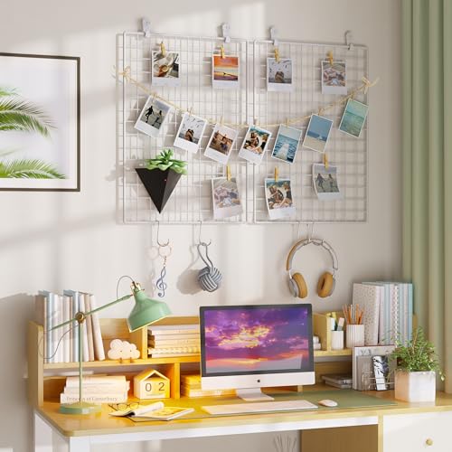 C&AHOME Photo Wall Display Set of 2, Grid Panel with Hooks, Clips, Hemp Cord, Hammer - 17.7" x 25.6", White UWWGM4565W by C&AHOME - Image 3