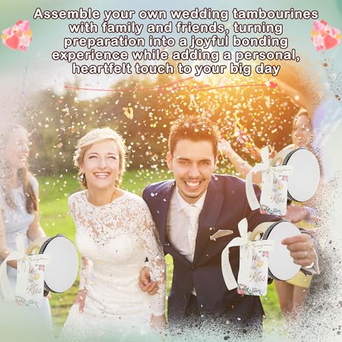 30 Pcs 4 Inch Adult Wedding Tambourines Drum Wooden Handheld Tambourine with Jingles Shake for a Kiss Gift Tags I Love You Printed Ribbon Musical Instruments Percussion for Church Wedding Party
