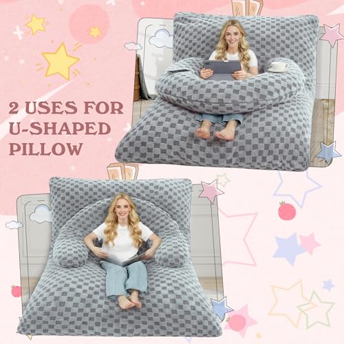 Image of HABUTWAY 3 in 1 Bean Bag Chair with Portable U-Shaped Pillow, Giant Bean Bag with Washable Cover, Convertible Sofa Bed (Light Grey)