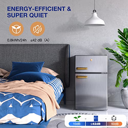 Joy Kitchen Jr31Ts1E10 2-Door Mini Fridge With Freezer Adjustable Thermostat, Removable Shelf, Energy Efficient, Front Leveling Legs, 3.1 Cu Ft, Stainless Steel #TOP2