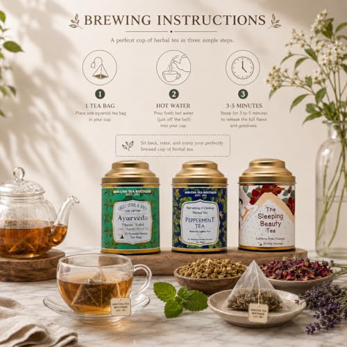 Image of Sancha Tea Boutique, Caffeine-Free Herbal Tea Bundle, Peppermint, Sleeping Beauty & Tulsi Herbal Tisanes, Eco-Friendly Biodegradable Pyramid Tea Bags, Value Pack