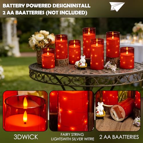 Image of kakoya Flameless LED Candles with Timer 12 Pc Flickering Flameless Candles for Romantic Ambiance and Home Decoration Stable Acrylic Shell,with Embedded Star String,Battery Operated Candles(Red)