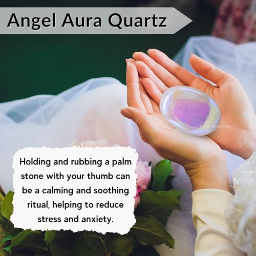 Image of Amazing Gemstone Angel Aura Quartz Crystals and Healing Stones - Large Palm Stone Crystals Piedra - Crystal for Good Luck, Positive Energy, Meditation - Unique Stocking Stuffers, Gifts for Women, Men