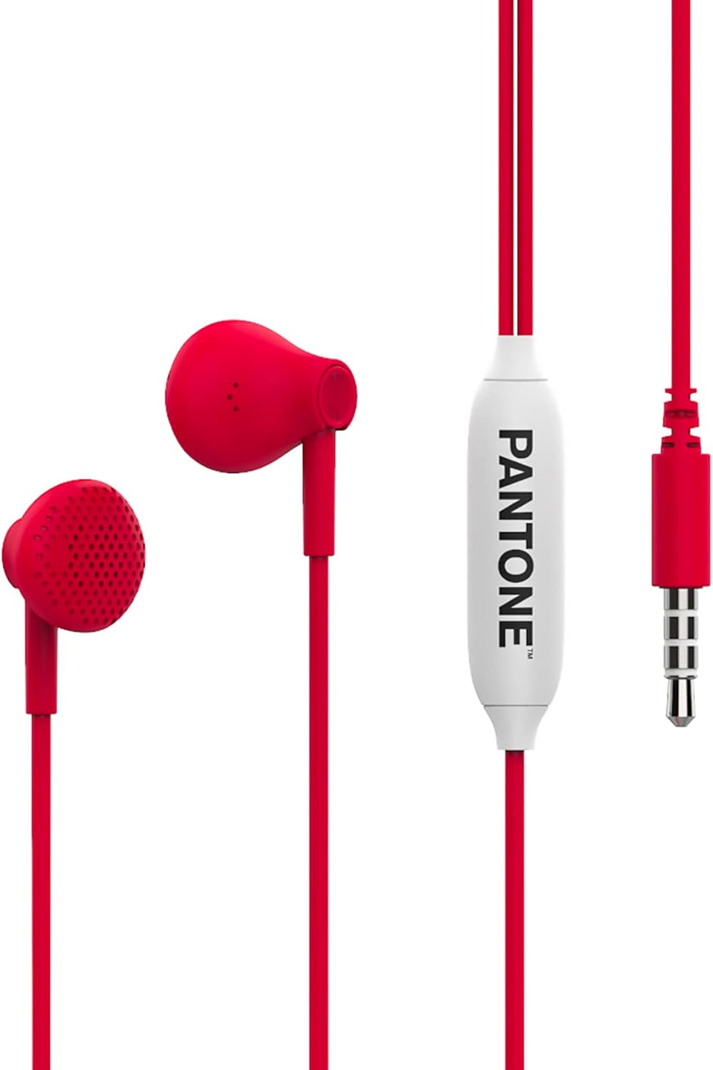 Davant view of Pantone Celly Line In-Ear Headphones, red with white in-line remote