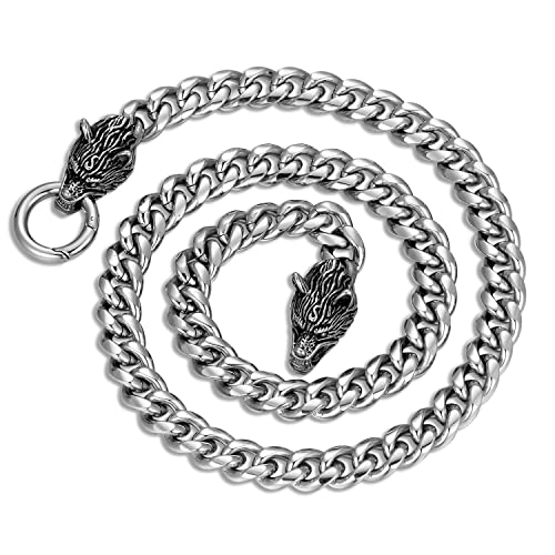 Masculine Heavy Miama Cuban Link Chain Pendant Necklace for men, Vintage Wolf Head/King Lion Head Spring Ring Clasp, Punk Rock