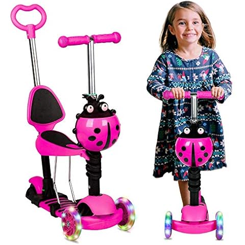 5 in 1 Kids Scooter, 3 Wheels Kick Scooter with LED Flashing Light, Adjustable Removable Handlebar & Seat & Push Handle for 2-8 Years Old Boys and Girls (Pink) Cover