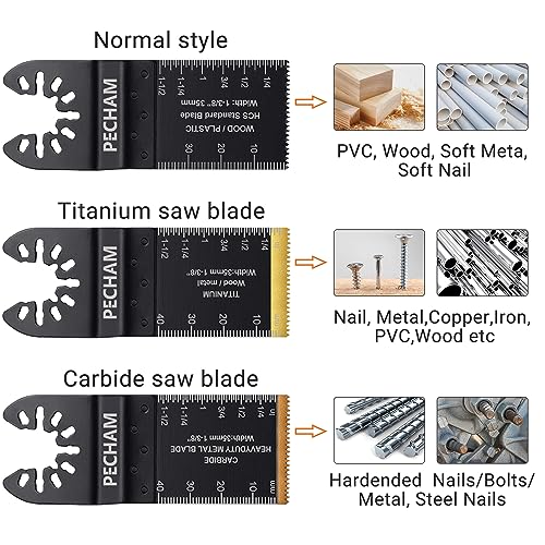 Image of PECHAM 23PCS Titanium & Carbide Multitool Blades Oscillating Tool Saw Blades Heavy Duty for Hard Material, Metal /Steel Nails /Bolts /Screws Fit Most Oscillating Tools