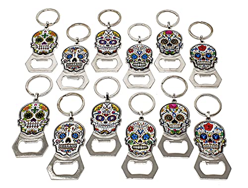Arimex Day of the Dead Sugar Skull Keychain Bottle opener 12 Pcs. Mexican party favor Dia de los muertos sugar skulls key chains beer bottle opener. (Sugar Skull 3)