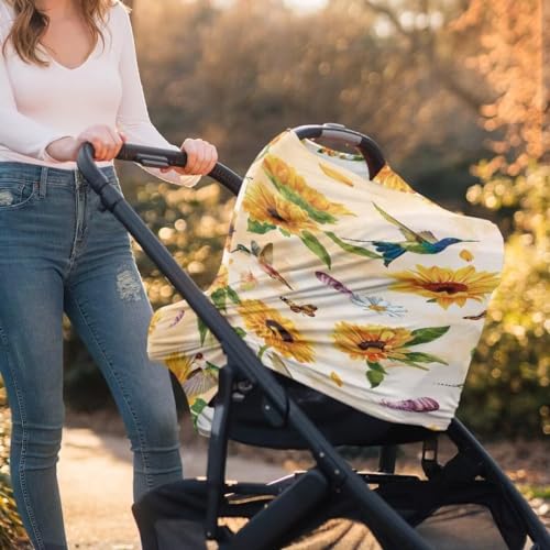 Image of Coldinair Hummingbird Car Seat Cover for Babies Girls Sunflower Nursing Cover,Soft Stretchy Infant Carseat Canopy,Shopping Cart /High Chair /Stroller Covers