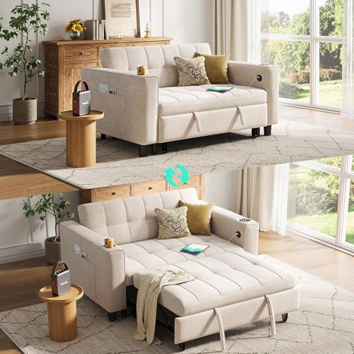 LINSY Sleeper Sofa Bed, 54" Pull Out Couch with Charging Station & Cup Holder, Small 3 in 1 Convertible Loveseat Sleeper Couch for Apartment, Dorm Room, Bedroom and Small Space, Chenille Beige