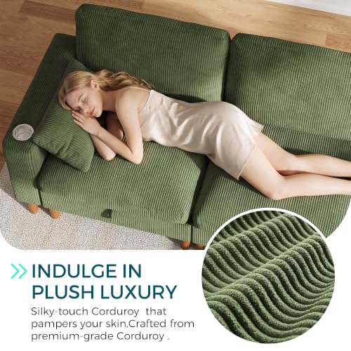 Image of LINSY HOME 110 inch Modular Sectional Sofa with Storage, 3-Seat Cloud Couch with 1 Movable Ottoman & 2 Pillows, Corduroy Deep Seat Sectional Couches for Living Room /Office /Bedroom, Green